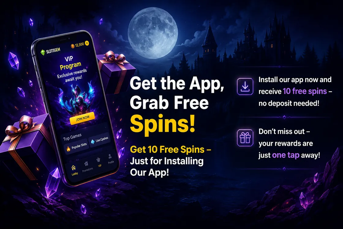 SlotsGem mobile app promo — get the app and grab free spins