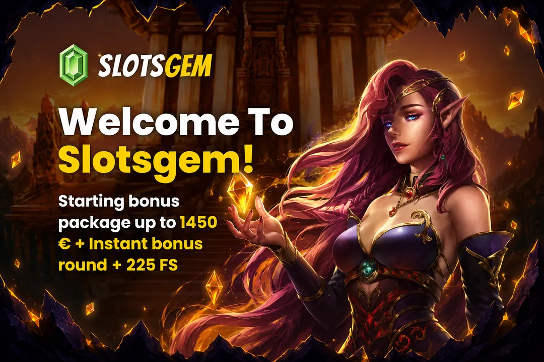 SlotsGem welcome bonus banner — starting package up to A$1,450 plus 225 free spins